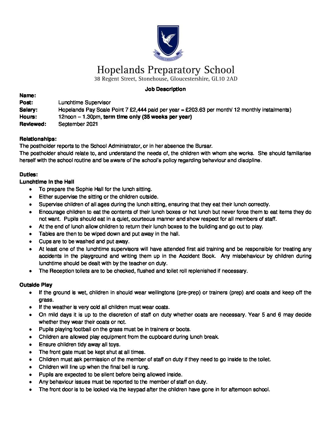 Job Description Lunchtime Supervisor Sep 2021 Hopelands Preparatory 